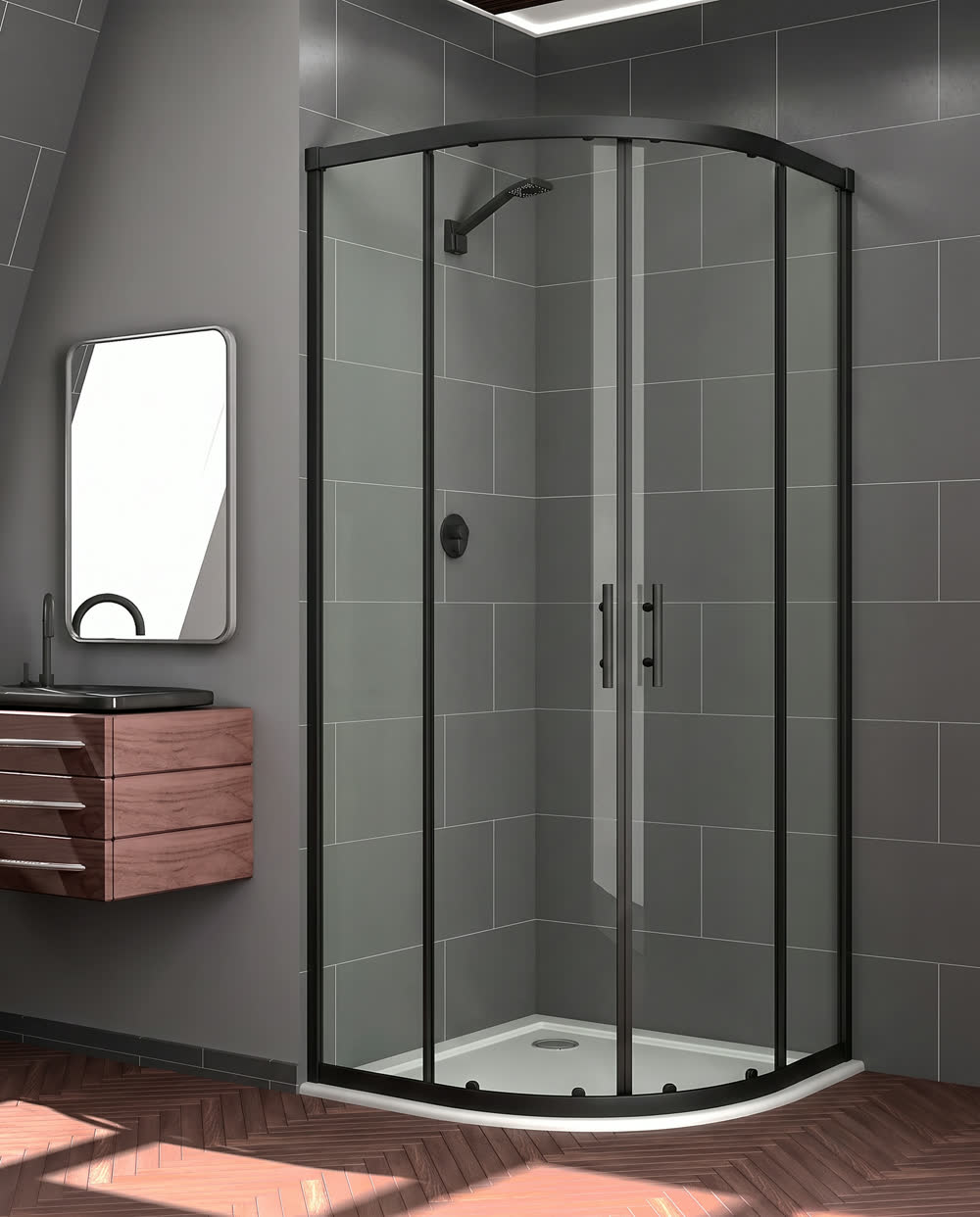 Mampara de ducha Elba 6 Semicircular puertas/fijos lacado negro 80 x 80 x 195 cms cristal transparente 1 Mampara de ducha semicircular Elba 6 con perfil lacado negro en un plato curvo de esquina