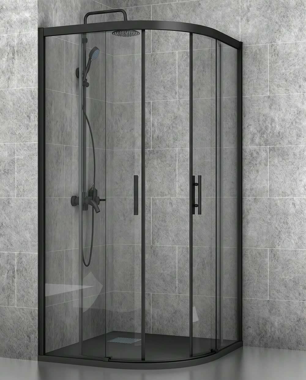 Mampara de ducha Venecia Semicircular puertas/fijos lacado negro 90 x 90 x 195 cms cristal transparente 1 Mampara de ducha semicircular Venecia con perfil lacado negro en un plato curvo de esquina